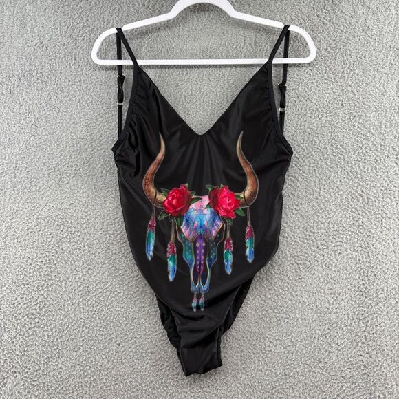 Solkissed One Piece Swimsuit L Black Boho Western Bull Skull Festival Pool Beach - Picture 6 of 12